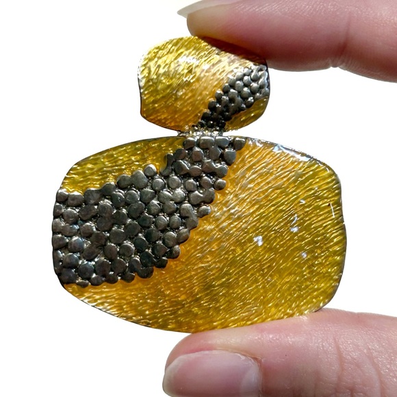 Sunny Yellow Orange and Silver Tone Statement Necklace Pendant Textured Bright - Picture 3 of 10
